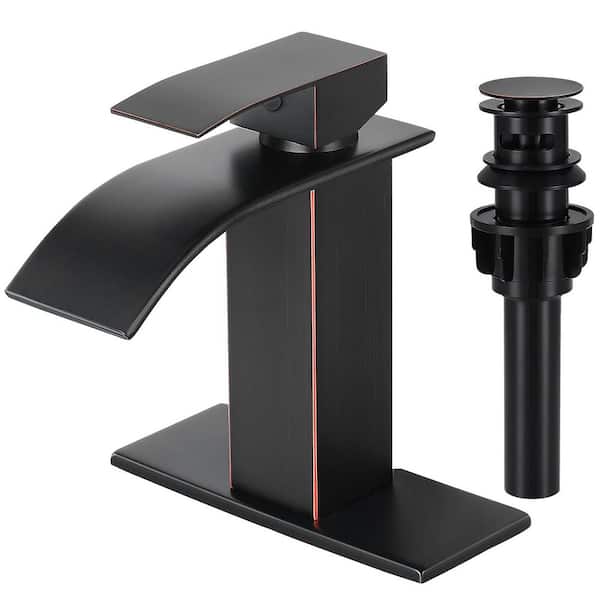 Waterfall Spout Single Handle Single Hole Bathroom Faucet with Deckplate and Pop-up Drain in Oil Rubbed Bronze
