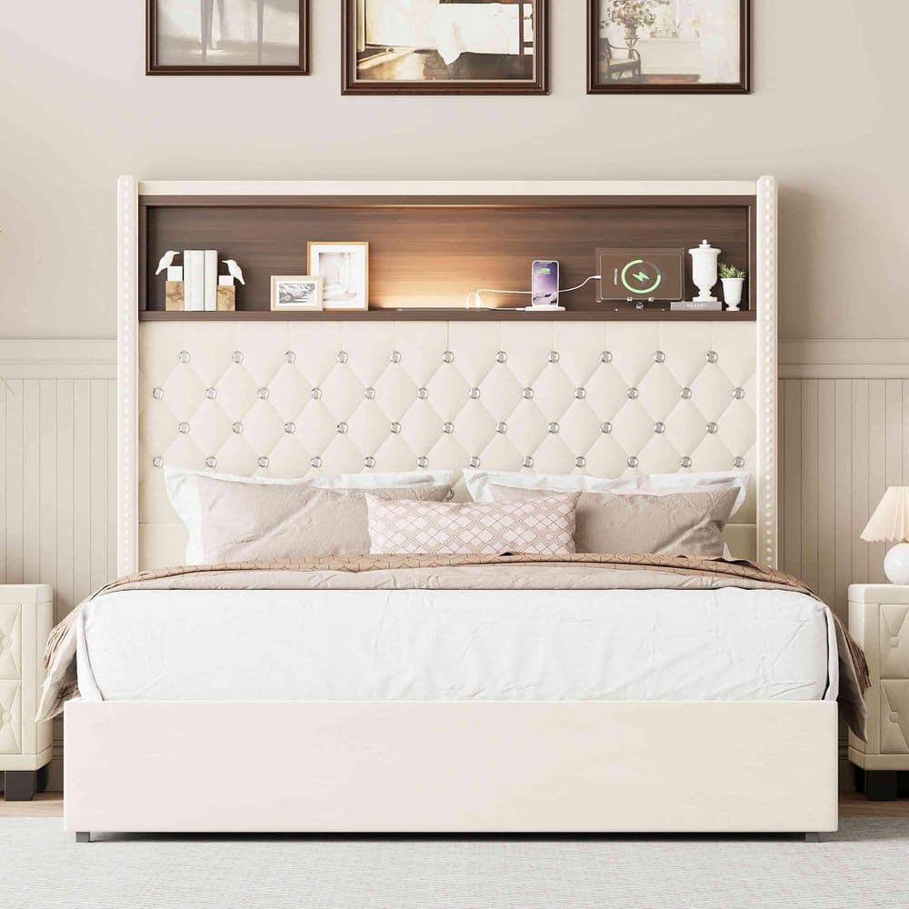 Beige MDF Frame Full Platform Bed with USB Port, Night Light and Headboard Shelf price history on PriceWatchPro