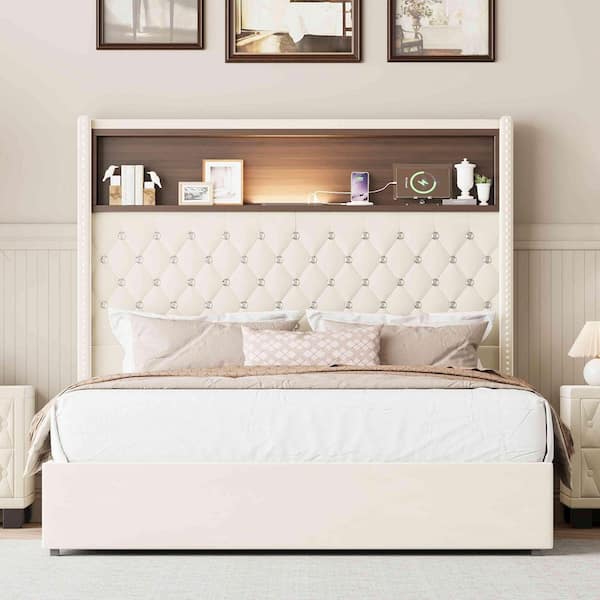 Beige MDF Frame Full Platform Bed with USB Port, Night Light and Headboard Shelf