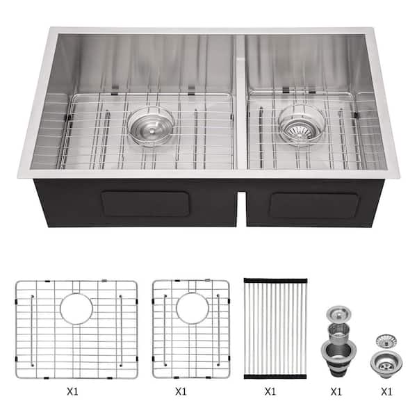 28 in. Undermount Double Bowl (60/40) 16-Gauge Brushed Nickel Stainless Steel Kitchen Sink with Drying Rack
