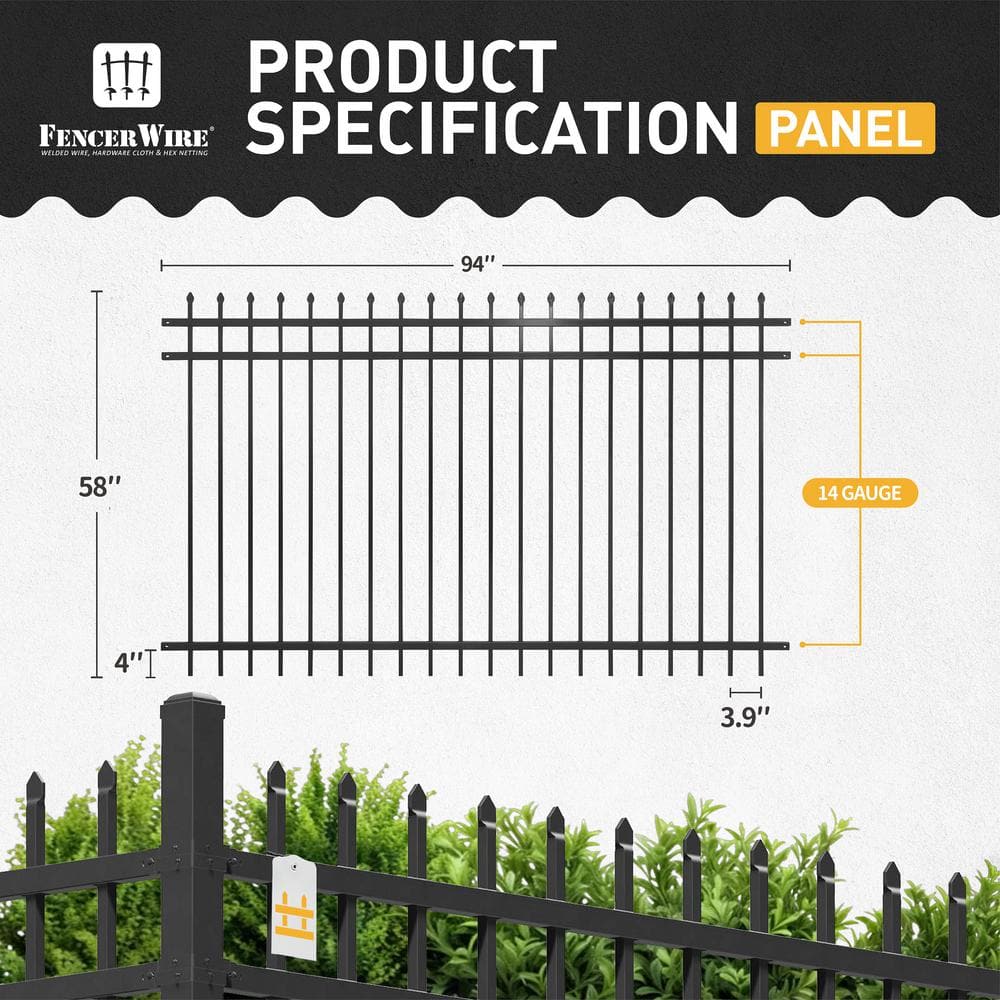 Heavy Duty Black Metal Pointed Top Fence Panels, 5ft x 8ft, Pack of 5