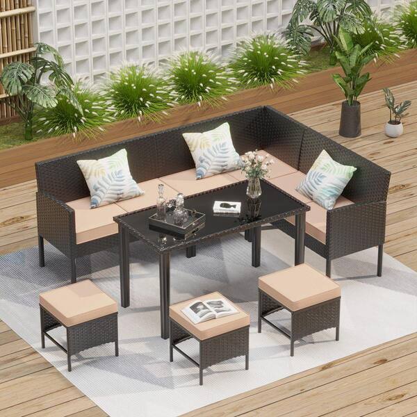 Tenleaf 7-Piece Wicker Patio Conversation Set with Khaki Cushions ...