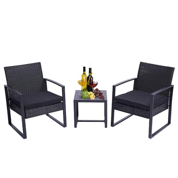 Tunearary Black 3-Piece Wicker Outdoor Bistro Patio Furniture Chair Sets with Cushions for Balcony Yard
