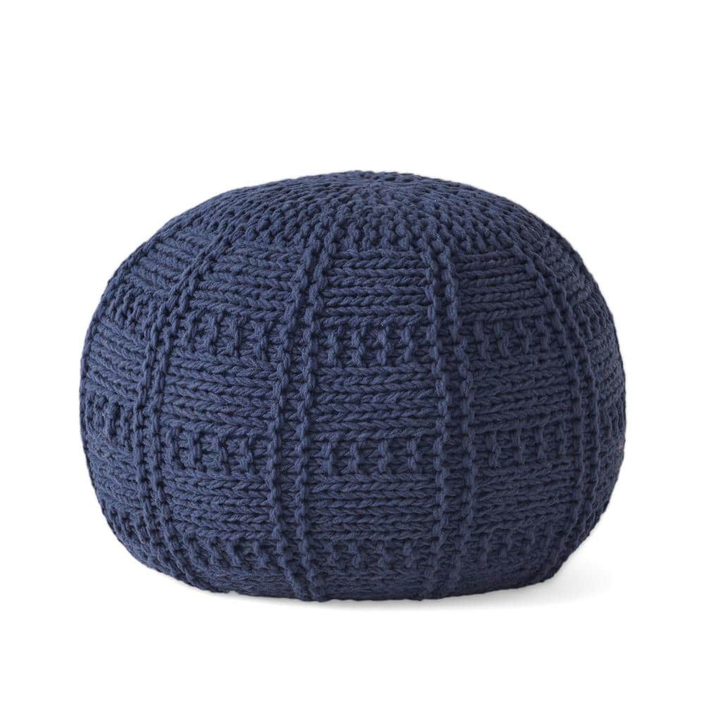 Modern Navy Stylish and Cozy Knit Weave Pouf on Throw Blanket of Living Roo