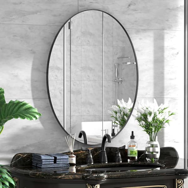 24 in. W x 36 in. H Large Oval Mirror Stainless Steel Framed Mirror Wall Mirrors Bathroom Vanity Mirror in Brushed Black