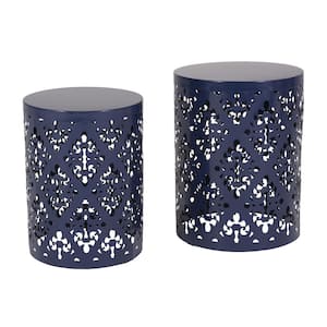2-Piece Navy Blue Cylindrical Metal Outdoor Patio Side Table for Outdoors, Garden, Lawn, Backyard