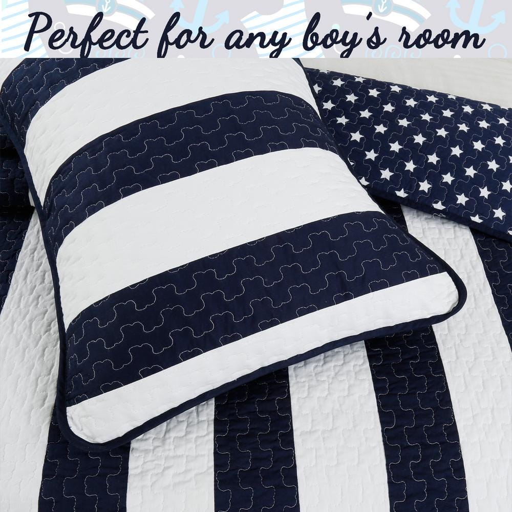 Navy Blue and White Striped Microfiber King Quilt Set