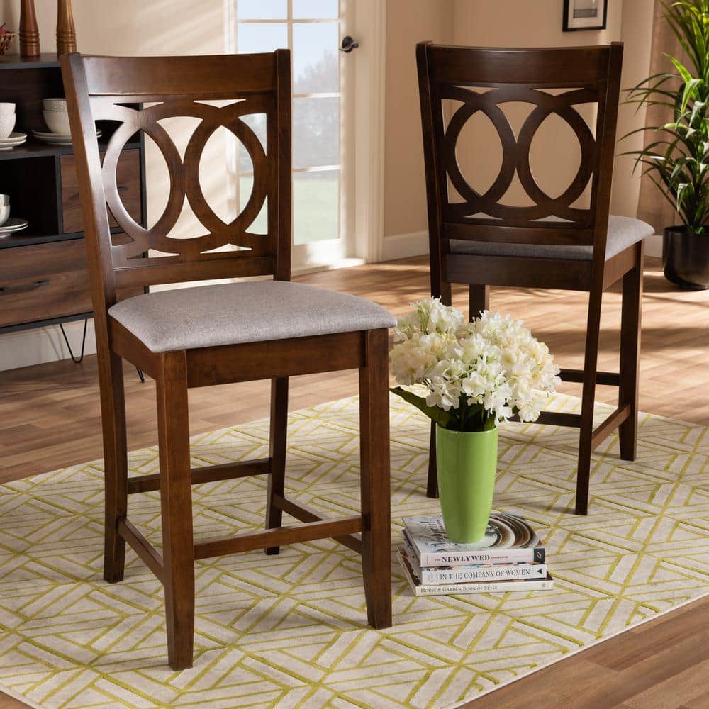 Lenoir Grey Fabric and Walnut Wood Counter Stools, Set of 2
