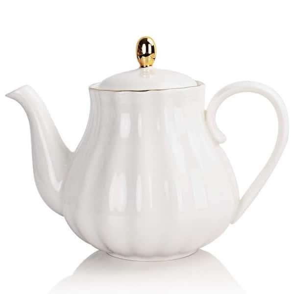 4-Cup White Porcelain Royal Style Ceramic Teapot with Removable Stainless Steel Infuser for Blooming Loose Leaf Tea