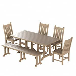 Hayes 6-Piece All Weather HDPE Plastic Rectangle Table Outdoor Patio Dining Set with Bench in Weathered Wood