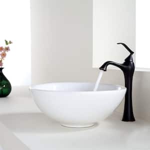 Soft Round Ceramic Vessel Bathroom Sink in White with Pop Up Drain in Oil Rubbed Bronze