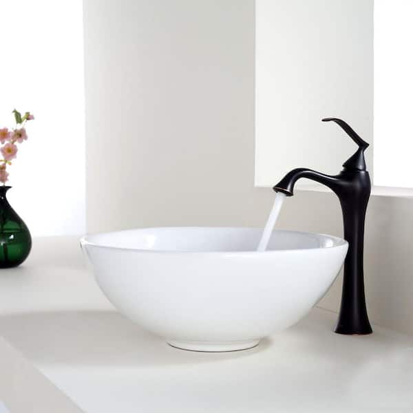KRAUS Elavo 15.8 in. Soft Round Vessel Bathroom Sink in White Vitreous China with Pop Up Drain in Oil Rubbed Bronze