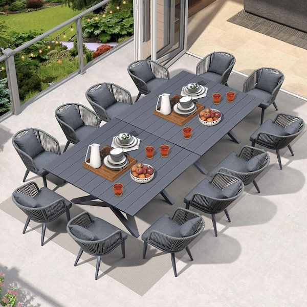 14-Piece All-Weather Wicker Outdoor Dining Set with Square Table All Aluminum and Grey Cushions for Garden Backyard Deck