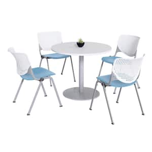Kool 5-Piece Round White Wood Laminate Dining Table Set Seats 4 with Sky Blue Chairs