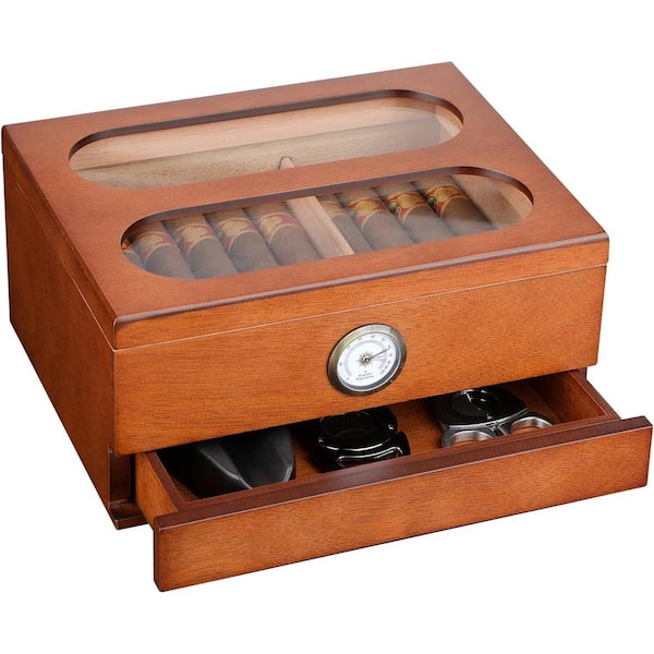 Afoxsos Cigar Humidor with Front Hygrometer and Accessory Drawers in Brown