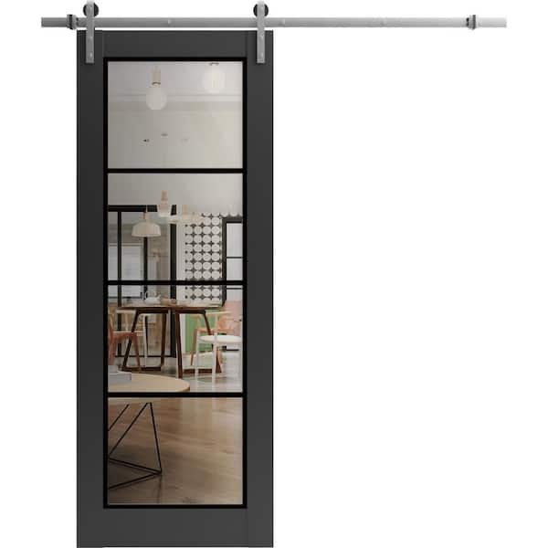 42 in. x 96 in. 1 Panel Clear Glass Black Matte Solid Wood Sliding Barn Door with Hardware Kit