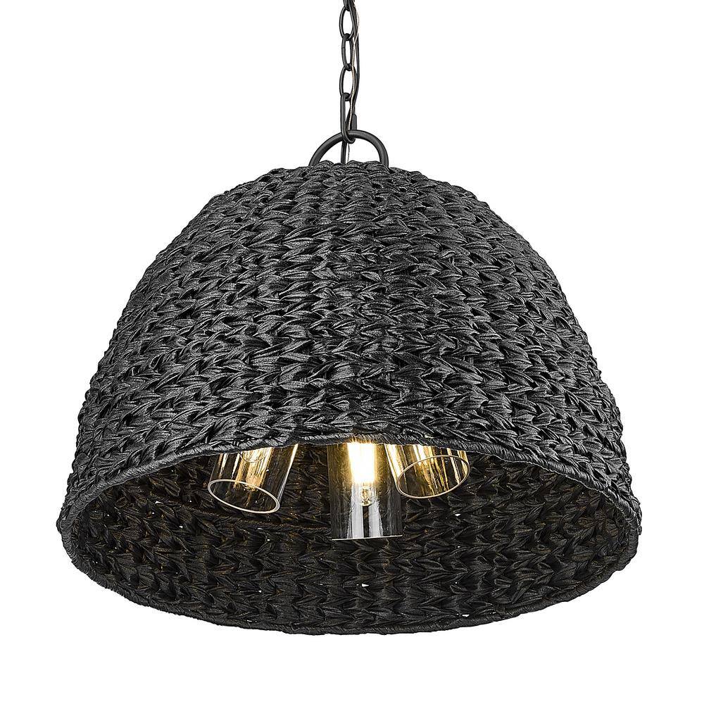 Natural Black Glass and Wicker 3-Light Outdoor Pendant