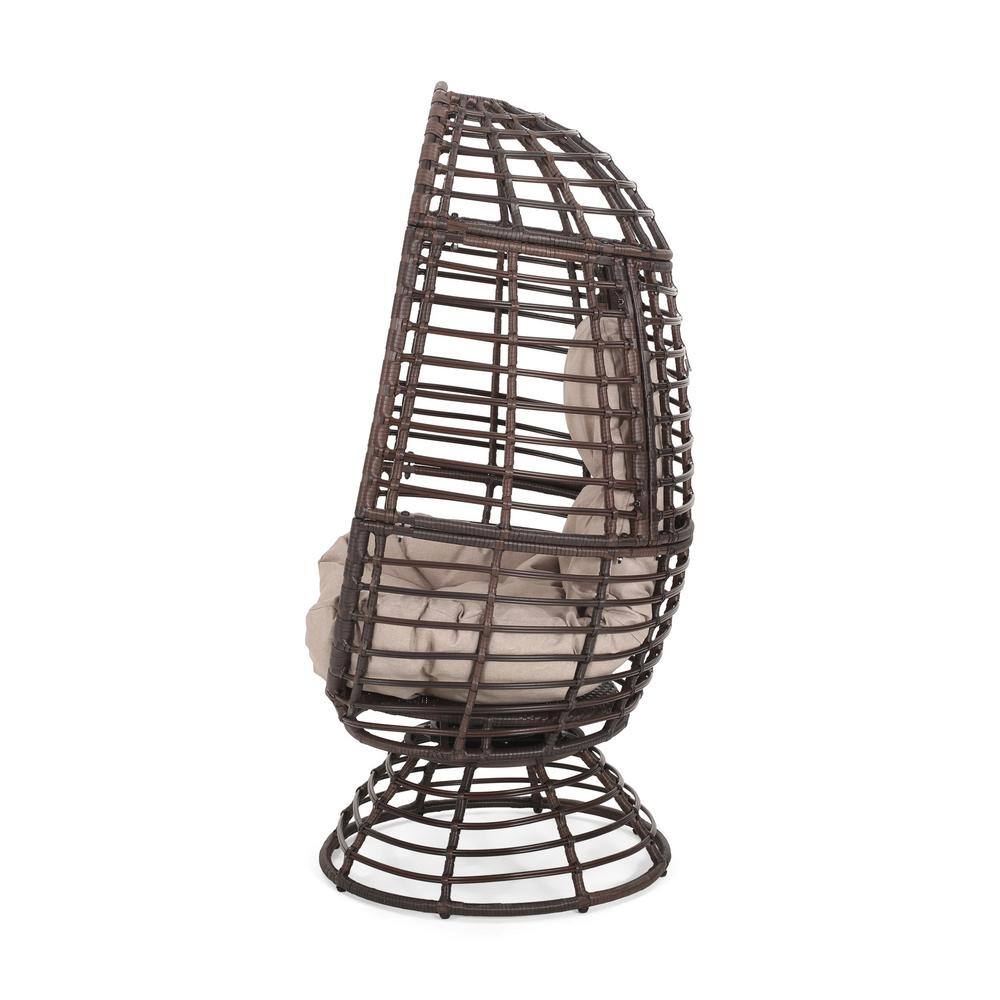 Pitner Dark Brown Iron Swivel Egg Chair with Beige Cushions