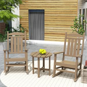 Laguna 3-Piece Classic Outdoor Patio Fade Resistant Plastic Rocking Chairs and Round  Side Table Set in Weathered Wood