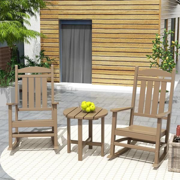 WESTIN OUTDOOR Laguna 3-Piece Classic Outdoor Patio Fade Resistant Plastic Rocking Chairs and Round  Side Table Set in Weathered Wood