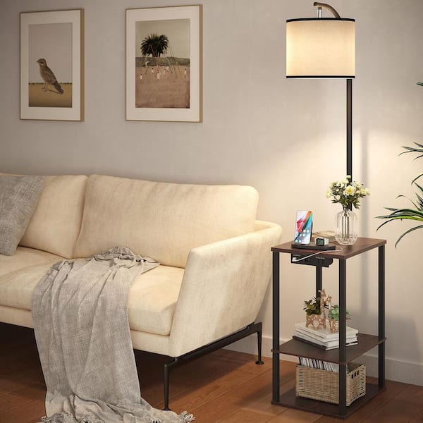 59 in. Dark Walnut Arc Floor Lamp with Table, End Table for Living Room, with Charging Station(USB & AC Port) & LED Bulb