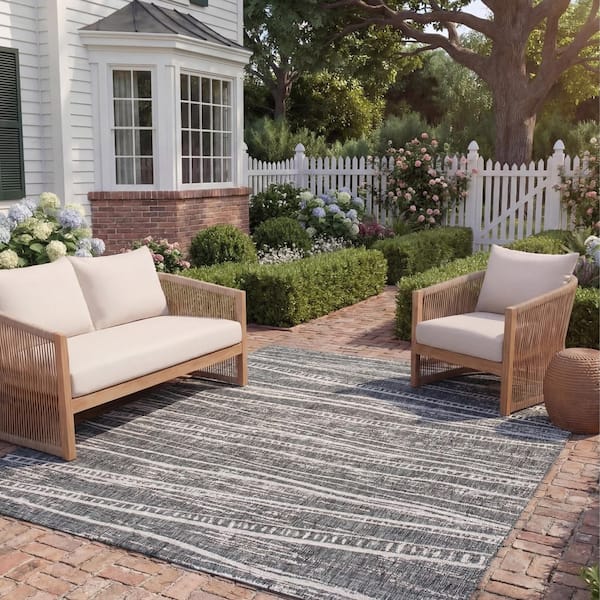 Courtyard Black/Ivory 8 ft. x 10 ft. Abstract Striped Indoor/Outdoor Patio  Area Rug