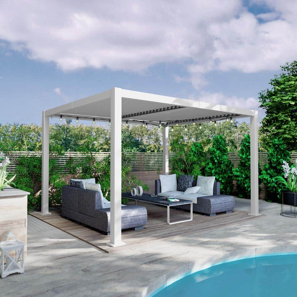 White Aluminum 10'x12' Outdoor Louvered Pergola with Adjustable Roof