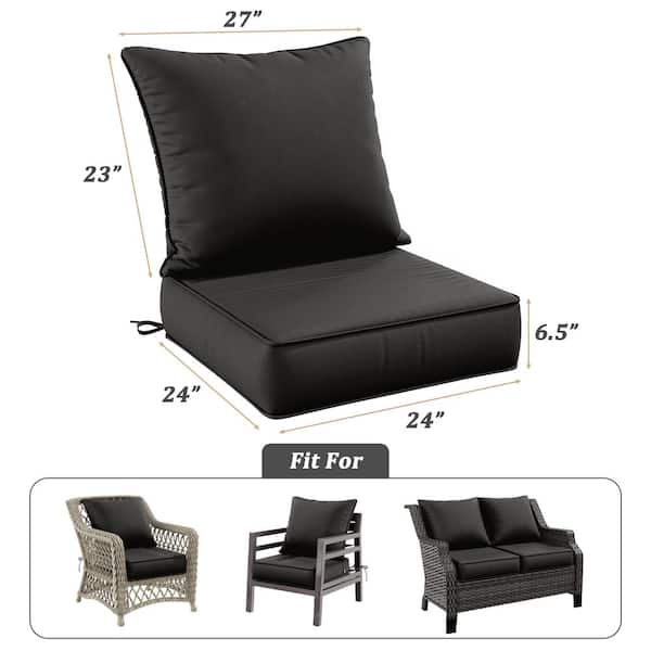 24 in. x 24 in. Deep Seat Outdoor Lounge Cushion with Backrest, Premium Waterproof Patio Furniture Cushions Black