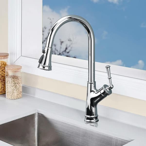 17.99 in. Single Handle Stainless Steel 360 ° Spout Swive High Arc Pull Down Sprayer Kitchen Faucet in Chrome