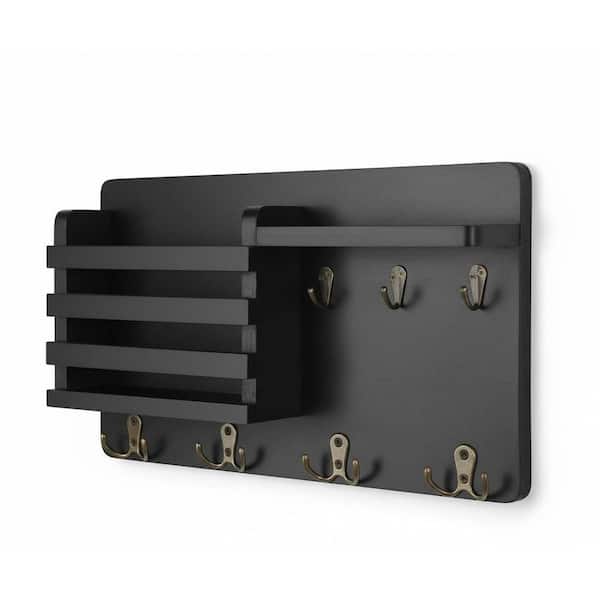 16.8 in. W x 3.2 in. D Black Wood Decorative Wall Shelf, Mail Holder for Wall Mail Organizer with 7 Key Hooks