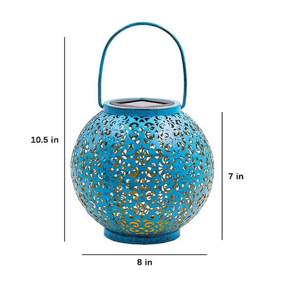 Teal Blue Metal Solar Big Lantern Hanging Garden Outdoor