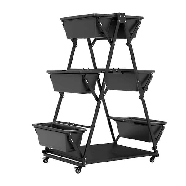ANGELES HOME 38 in. W. x 23 in. x 47 in. Black Metal 3-Tier Vertical Raised Garden Bed with 4 Wheels and 6 Container Boxes