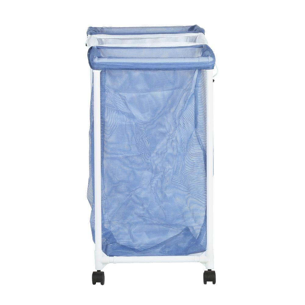 Blue and White 3-Bin Mesh Laundry Sorter with Wheels