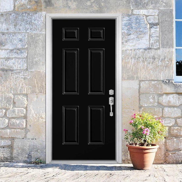32 in. x 80 in. 6-Panel Jet Black Left Hand Inswing Painted Smooth Fiberglass Prehung Front Exterior Door with Brickmold