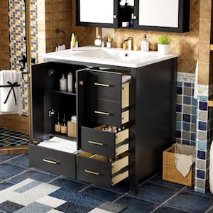 30 in. W x 18.3 in. D x 33.8 in. H Single Sink Freestanding Bath Vanity in Black with White Resin Top and Storage