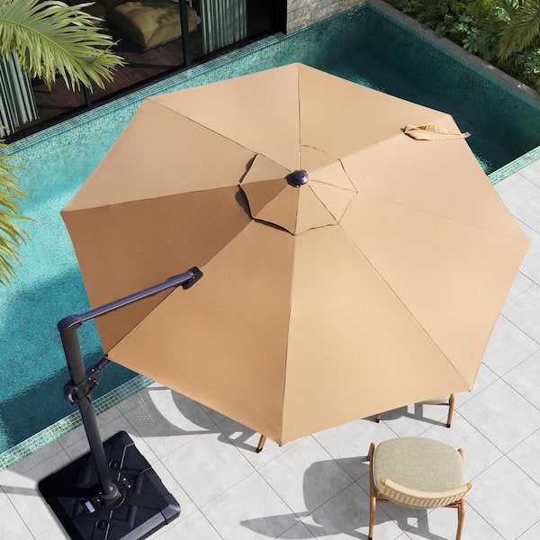Pellebant 10ft. Round Aluminum Heavy-Duty 360° Rotation Cantilever Patio Umbrella in Tan with 220 lbs. Umbrella Base
