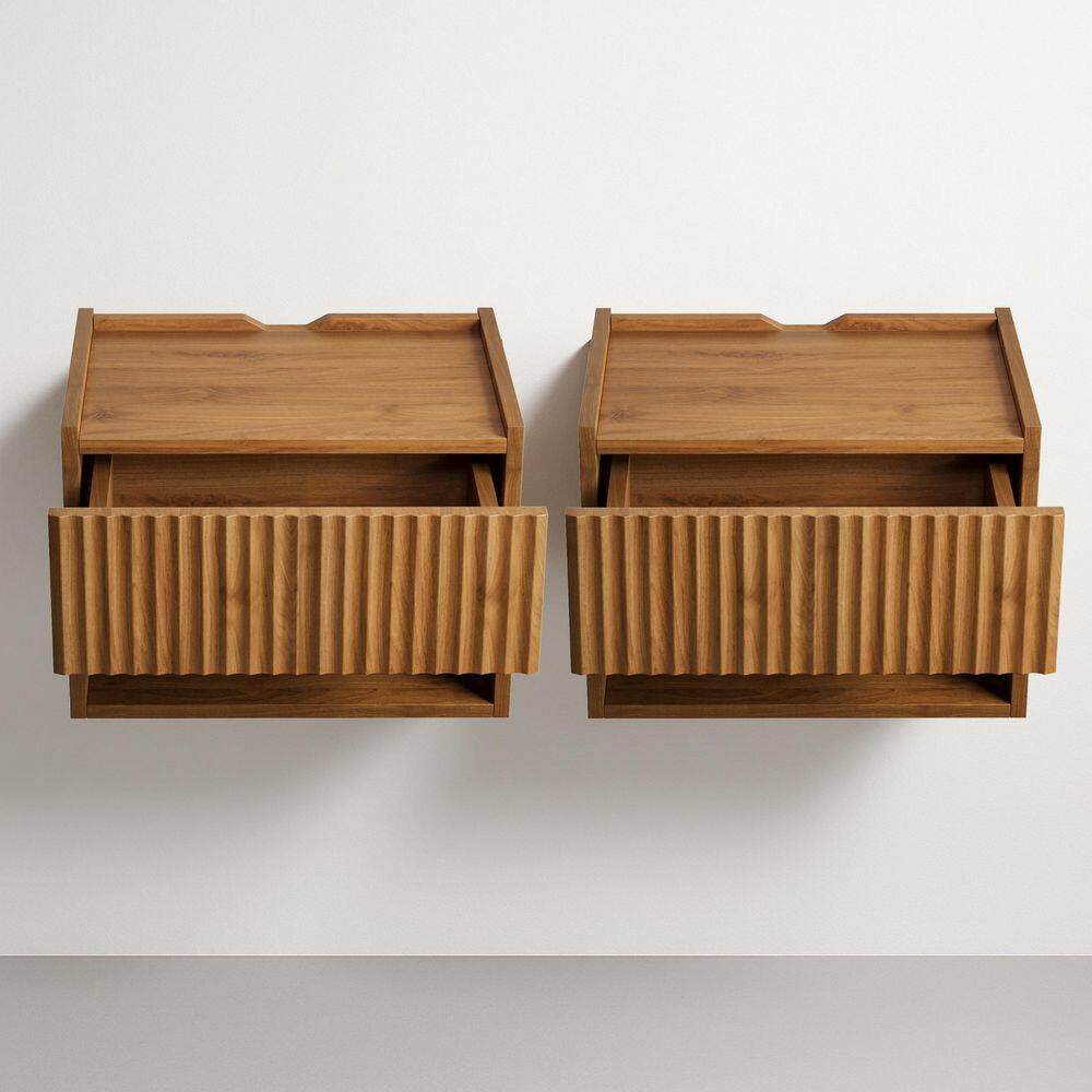 Brown Walnut 1 Drawer 16 in. W Floating Wall Mounted Bedroom Nightstand with Storage Drawer and Shelf, Set of 2