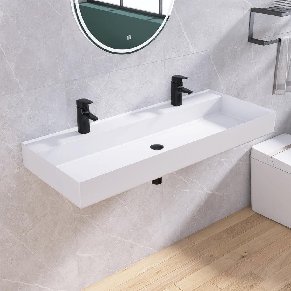 MEDUNJESS 47 in. x 19 in. Solid Surface Wall-Mounted Bathroom Vessel Sink in White with Double ...