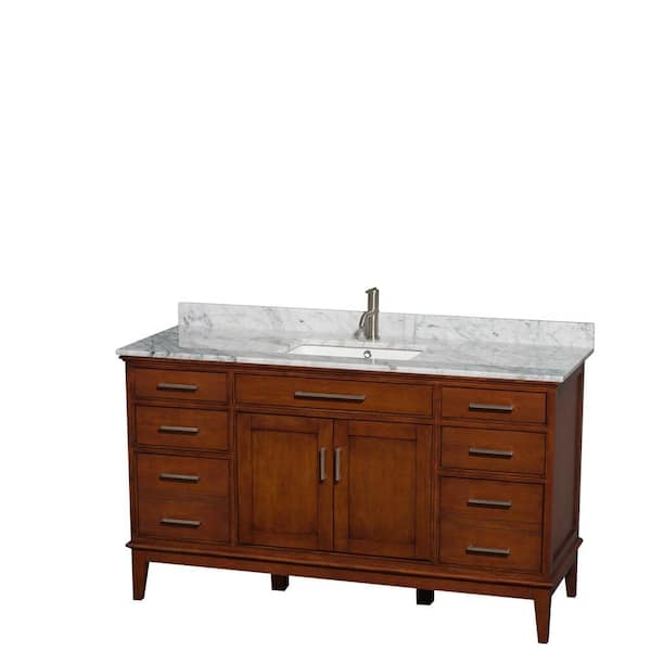 Wyndham Collection Hatton 60 in. Vanity in Light Chestnut with Marble Vanity Top in Carrara White and Square Sink