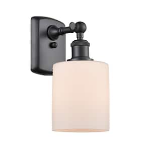 Cobbleskill 5 in. 1-Light Matte Black Wall Sconce with Matte White Glass Shade