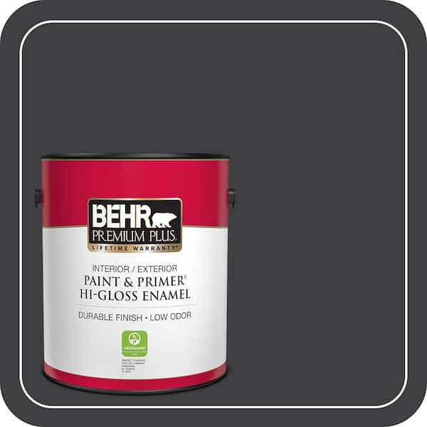 BEHR PREMIUM PLUS 1 gal. #ECC-10-2 Jet Black Hi-Gloss Enamel Interior/Exterior Paint & Primer