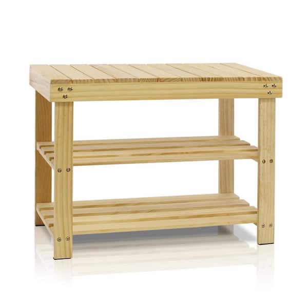 Furinno Pine Solid Wood Natural Color 3-Shelf Multipurpose Rack with Stool
