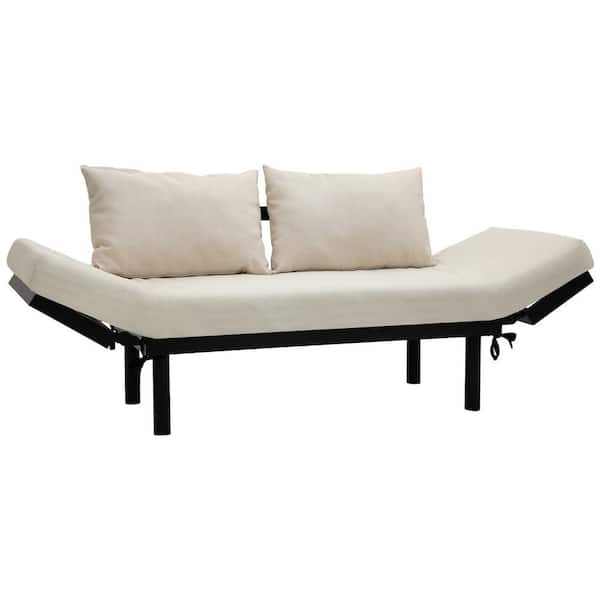 ANGELES HOME Black 1-Piece Solid Wood Outdoor Couch Sofa Bed Chaise Longue with Linen Beige Cushion and Pillow, 5 Positions