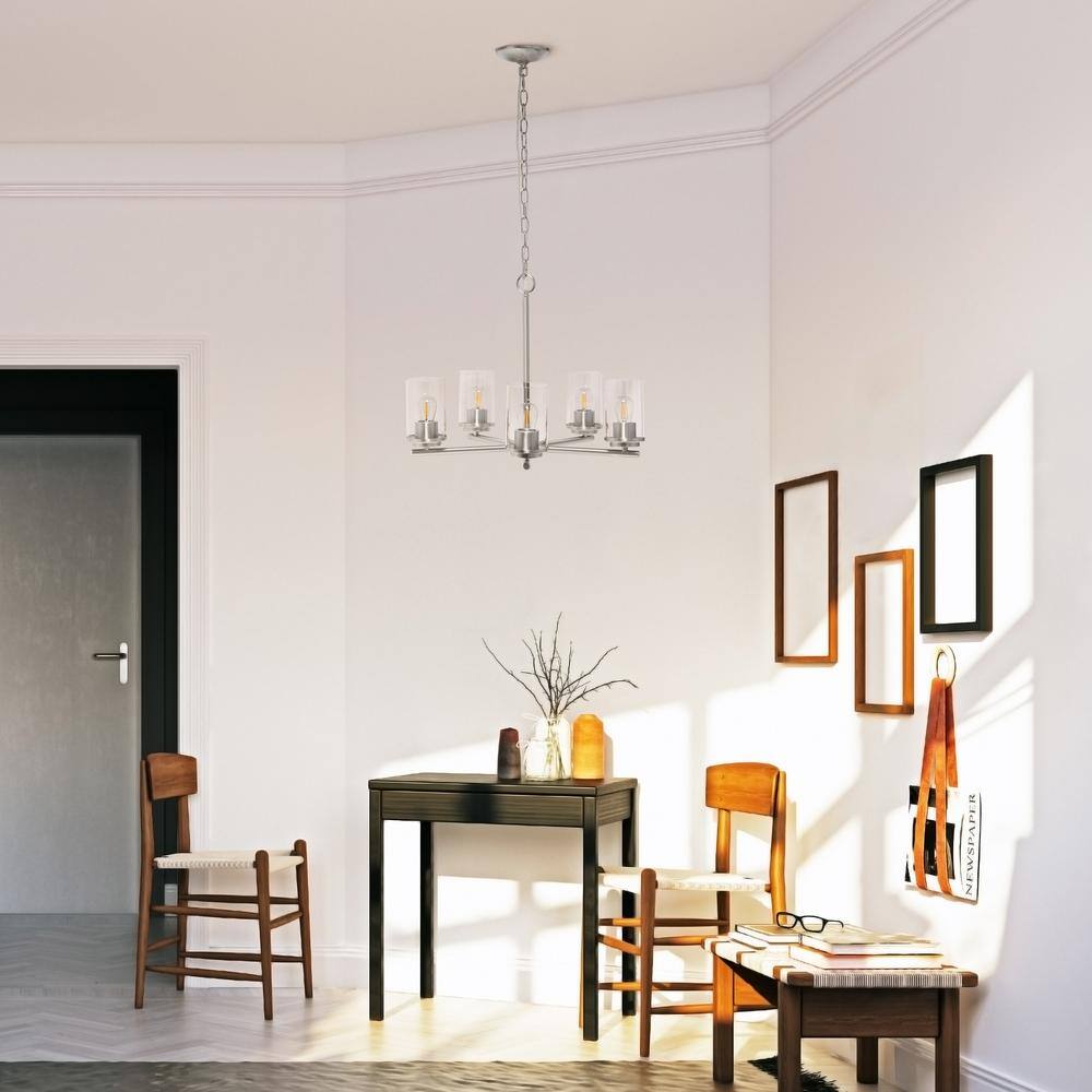 Brushed Nickel 5-Light Metal and Glass Pendant Chandelier