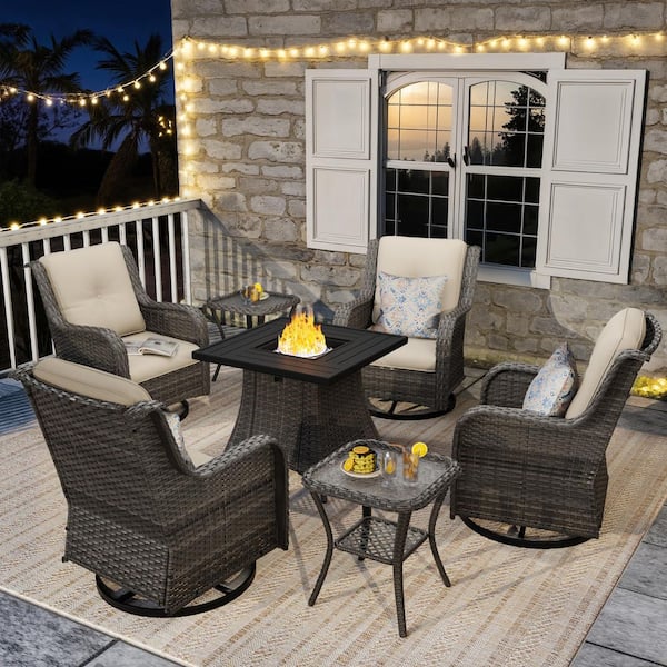 7-Piece Fire Pit Patio Set Wicker Outdoor Patio Conversation Set with Swivel Rocking Chairs and Beige Cushions