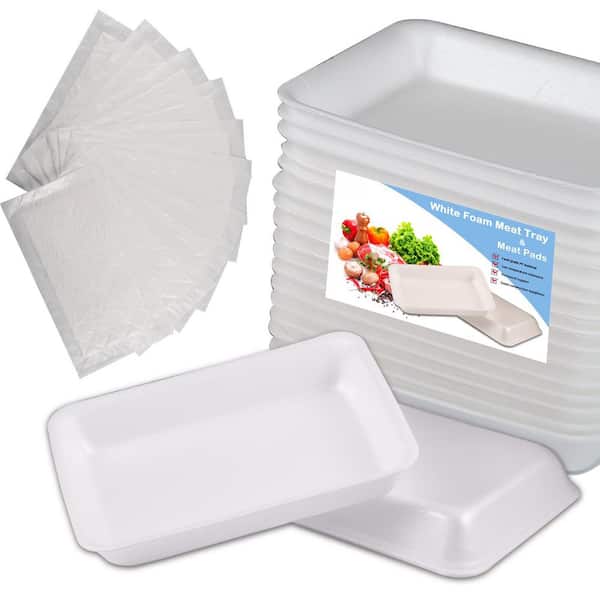 White Foam Disposable Meat Tray 25pcs Pack with Absorbent Pad, Standard Supermarket Food Tray, Leakproof