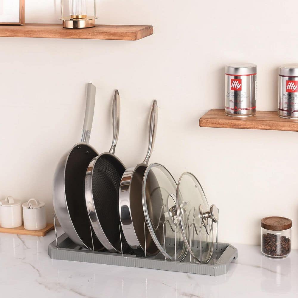 White Adjustable Pot Lid Organizer Drawer Organizer with 9 Expandable Heavy-Duty Dividers for Cabinet Pan Storage price history on PriceWatchPro