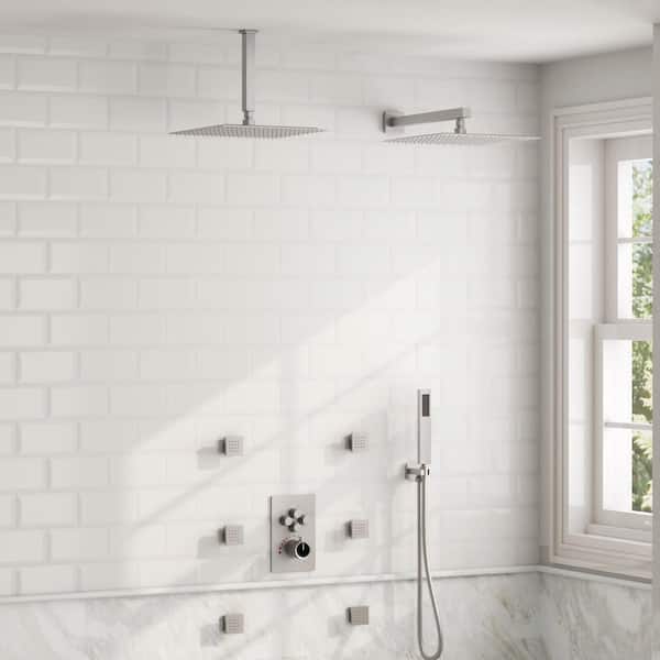 His and Hers 15-Spray Square 12 in. Thermostatic Multifunction Wall Bar Shower Kit in Brushed Nickel Drain Included