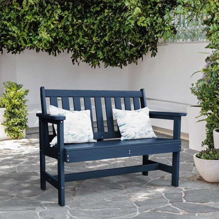 JEAREY Garden Bench All-Weather HDPE 2-Person Plastic Outdoor Bench in Navy Blue