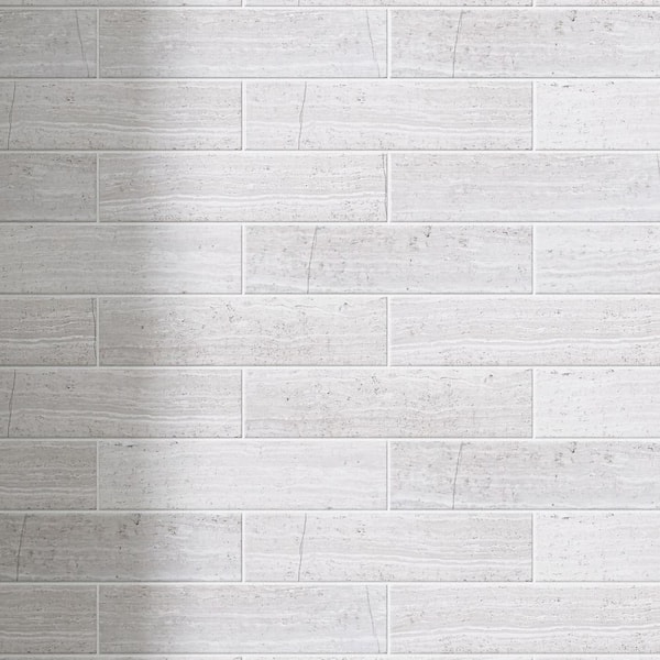 MOLOVO Natural Wooden White 1.89 in. x 7.8 Subway Polished Marble Tile Sample